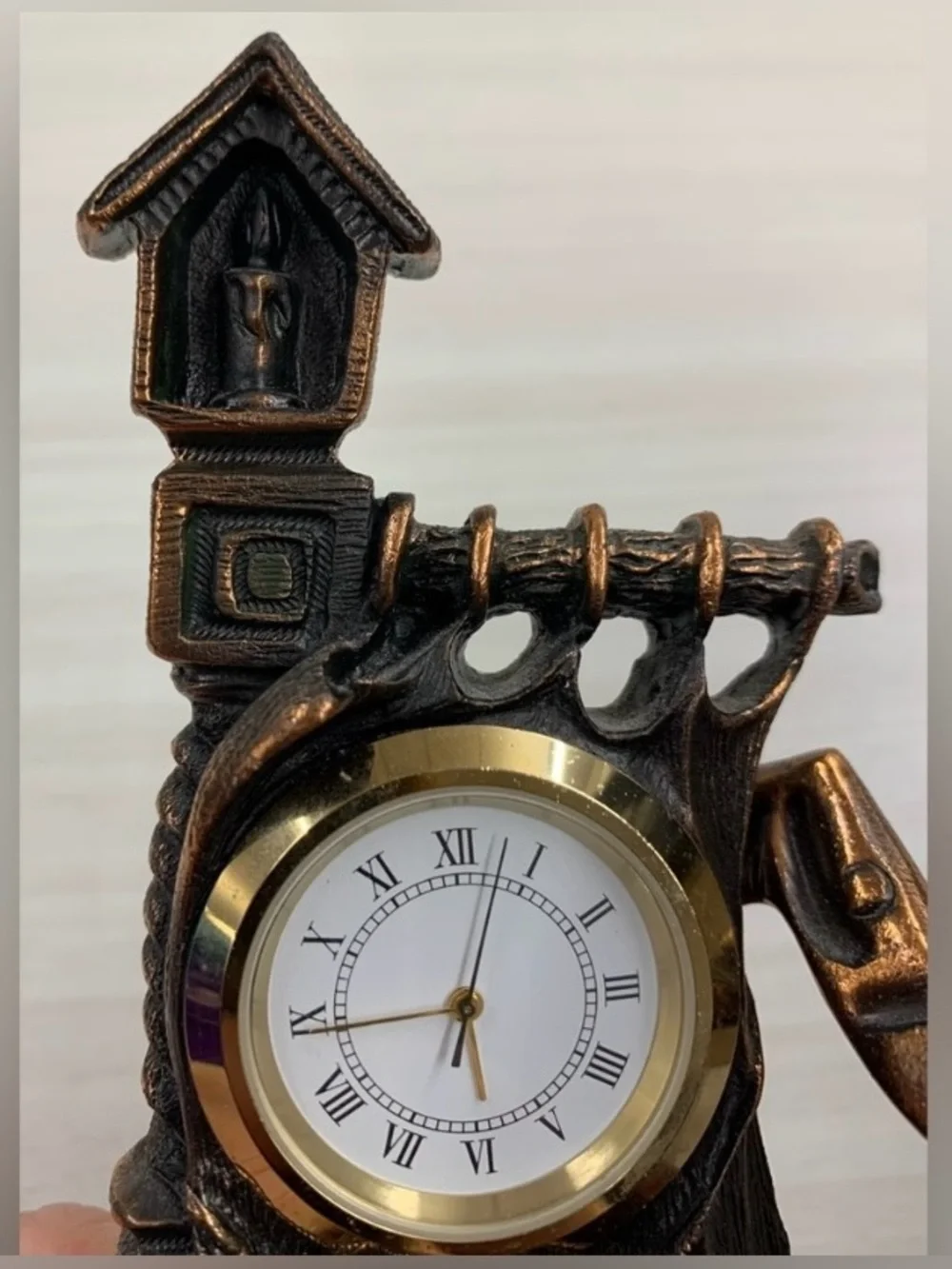 Vintage Russian Bronze Tone Folk Dancers Mantel Clock Sculpture